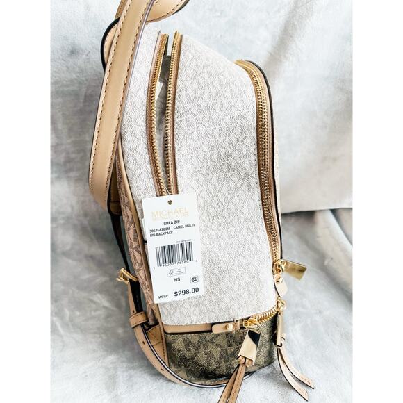 NWT Michael Kors Rhea Medium Metallic Signature Logo Backpack - Camel Multi main image 4